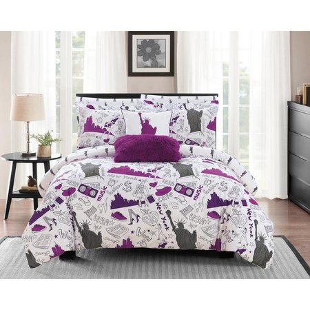 CHIC HOME 9 Piece Battery Reversible Comforter Set - Purple, Grey & White, Queen Size CH55620